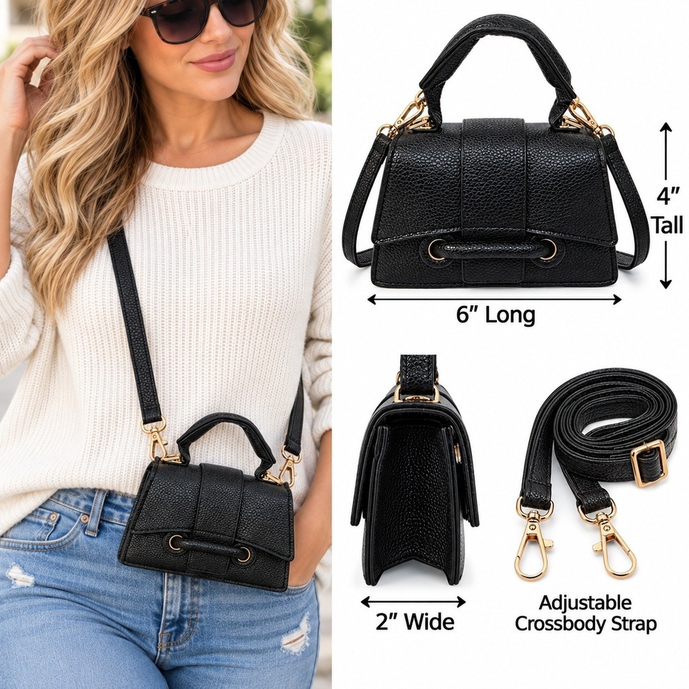 Black Vegan Leather Pebbled Mini Top Handle Crossbody Bag Gold Tone Hardware New